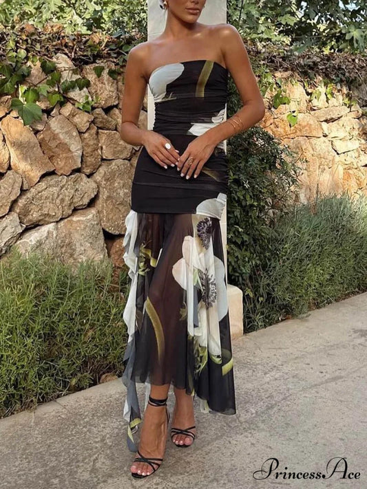 Mesh Overlay Floral Print Off Trendy Shoulder Ruched Ruffles Stretch Midi Dress Black / S