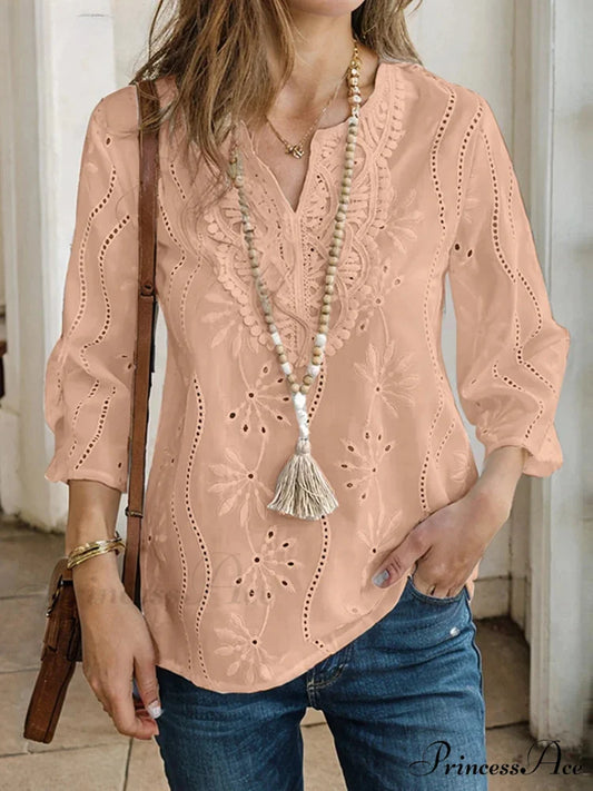Mesh Panel V-neck Hollow Embroidery Informal Blouse Pink / S blouse-250126