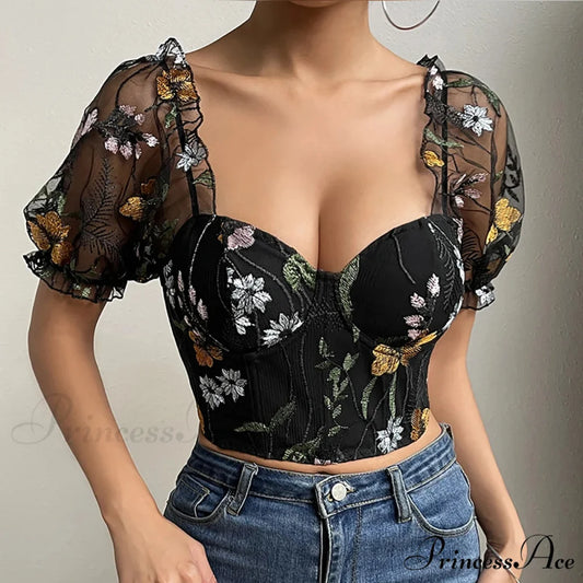 Mesh Puff Sleeve Fishbone Corset Top Black / XS croptop-250126