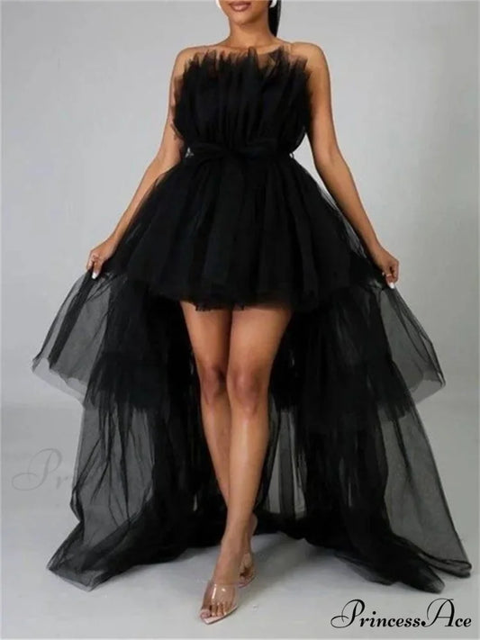 Mesh Sheer Elegant Women Formal Ball Gown Strapless Off Shoulder High Waist Asymmetrical Hem Tulle Black / S
