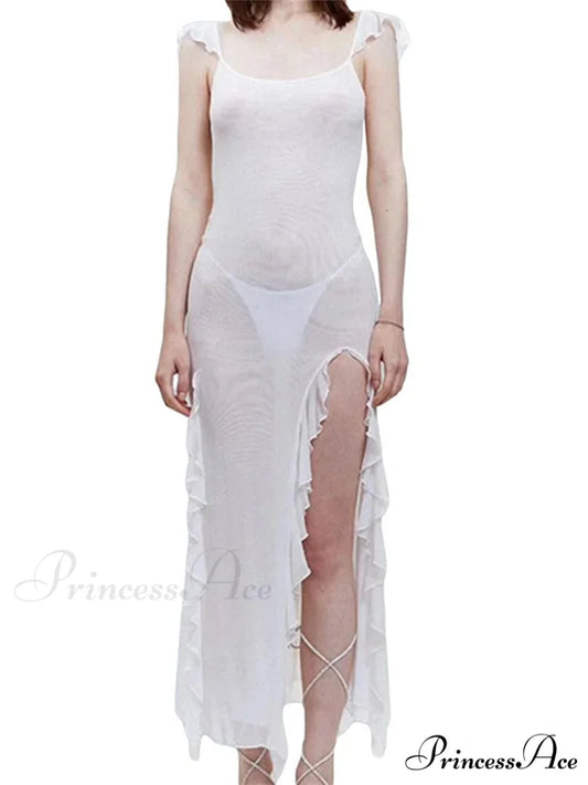 Mesh Sheer See Through Summer Beach Cover Ups for Women Sleeveless Backless Ruffles Split Tassels Vestidos
