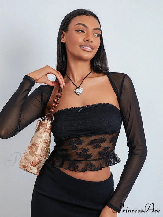 Mesh Shrug Two-piece Blossom Sheer Mesh Crop Outfit Black / S croptop-250126