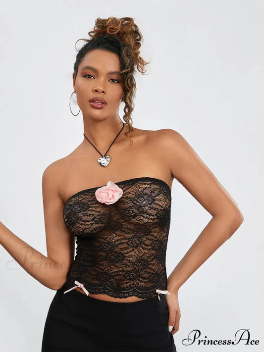 Mesh Transparent Strapless 3D Flower Bandeau Black / S croptop-250126