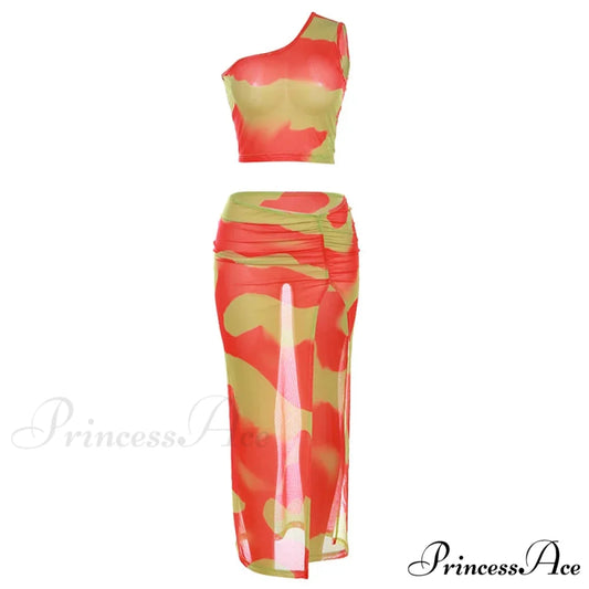Mesh Two Piece Set Maxi Dress Orange / S