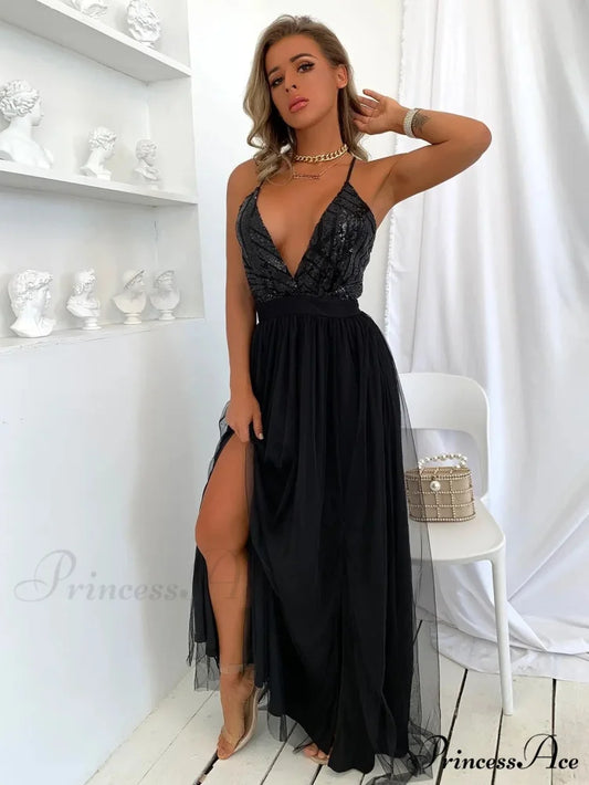 Mesh V-neck Maxi Dress Black / Xs