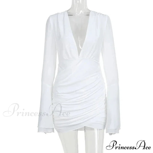 Mesh V Neck Pleated Short Flare Sleeve Slim High Waist Mini Night Club Bodycon Dress WHITE / S