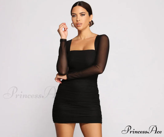 Mesmerize In Mesh Charming Ruched Mini Dress BLACK / XS