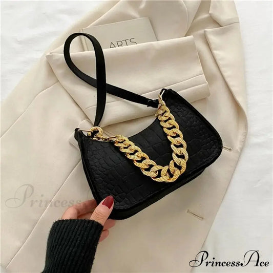 Metal Chain Shoulder Handbag Stylish Clutch Black handbag-250126