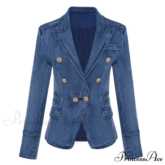 Metal Lion Buttons Double Breasted Denim Blazer denim blue / S