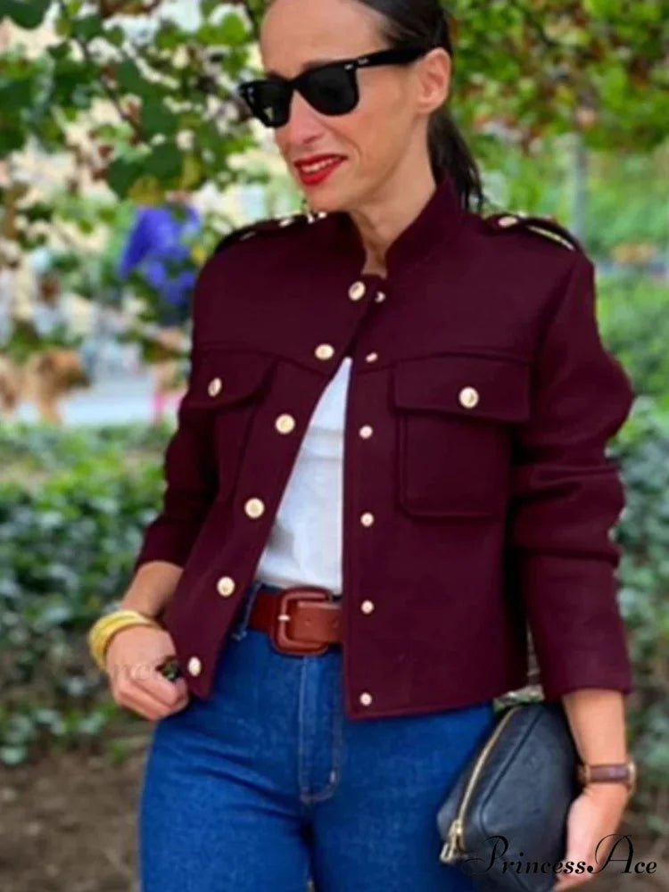 Metal Solitary Fronted Maroon Bomber Jacket coats-241228