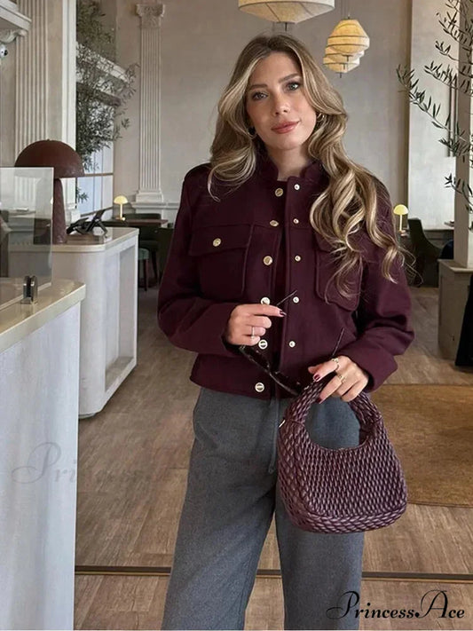 Metal Solitary Fronted Maroon Bomber Jacket dark red / XS coats-241228