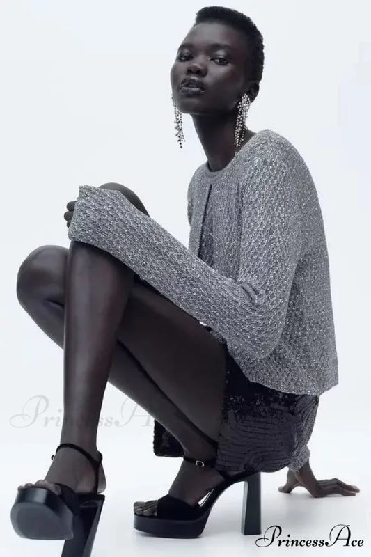 Metallic Thread Knitted Cardigan Silver / S cardigans-241228