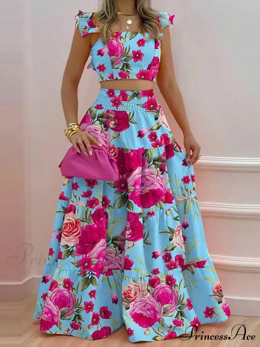 Mid Waist Swing Skirt and Career Two Piece Dress Suit S / Floral