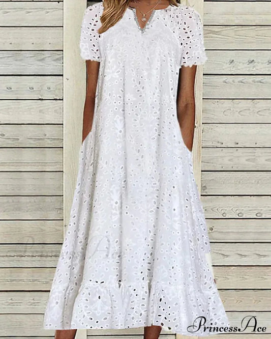 Midi Dress with Short Sleeves in Solid Color White / S