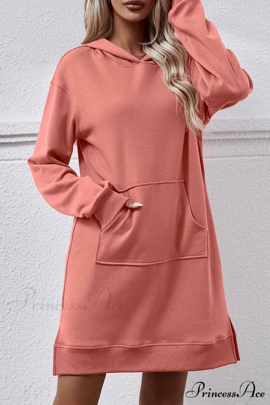 Midi Hoodie Dress with Pocket Slit Light Red / S