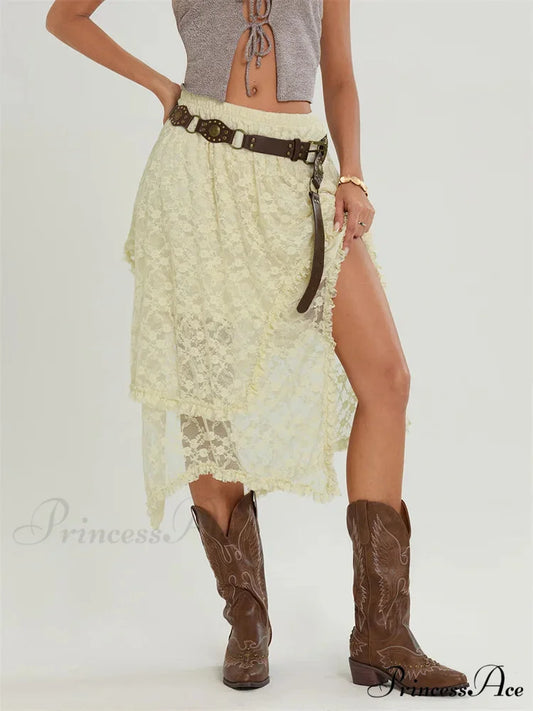 Midi Lace Floral Unpredictable Border Flexible Waist Summer Skirt skirt-250126