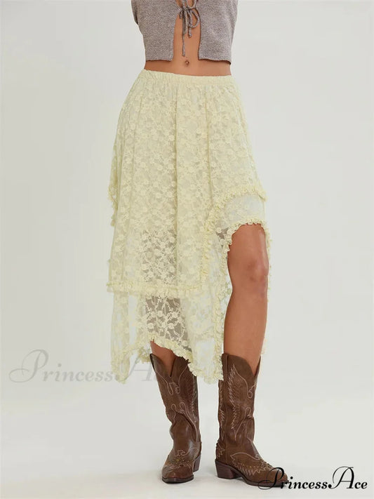 Midi Lace Floral Unpredictable Border Flexible Waist Summer Skirt WHITE / S skirt-250126