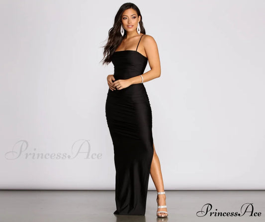 Mila High Stylish Slit Ruched Dress BLACK / S