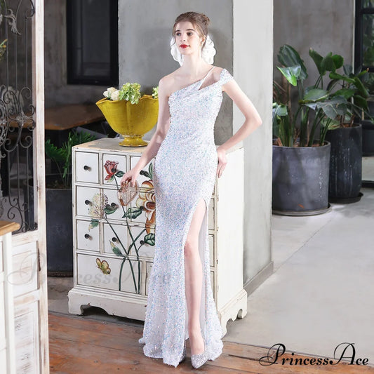 Mile one-shoulder bright Charming sequined formal dress WHITE / XS