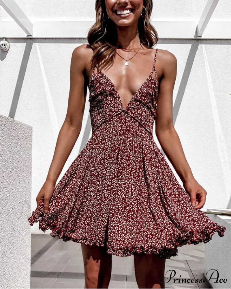 Mini A-Line Coastal Sleeveless Waist V-Neck High Bohemian Women’s Design Flowered Ruffled Dress S / BURGUNDY