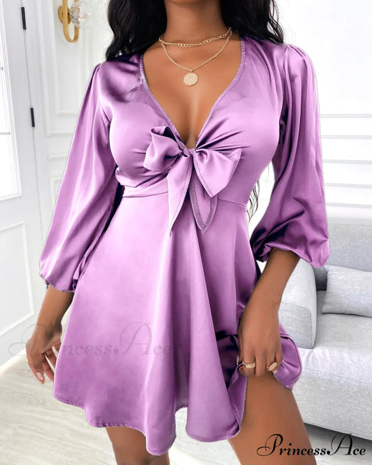 Mini Satin Puff Sleeve Sexy Plunge Tie Front Dress Lavender / S