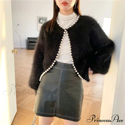 Mink Fleece Lantern Sleeve Cardigan Black / One Size