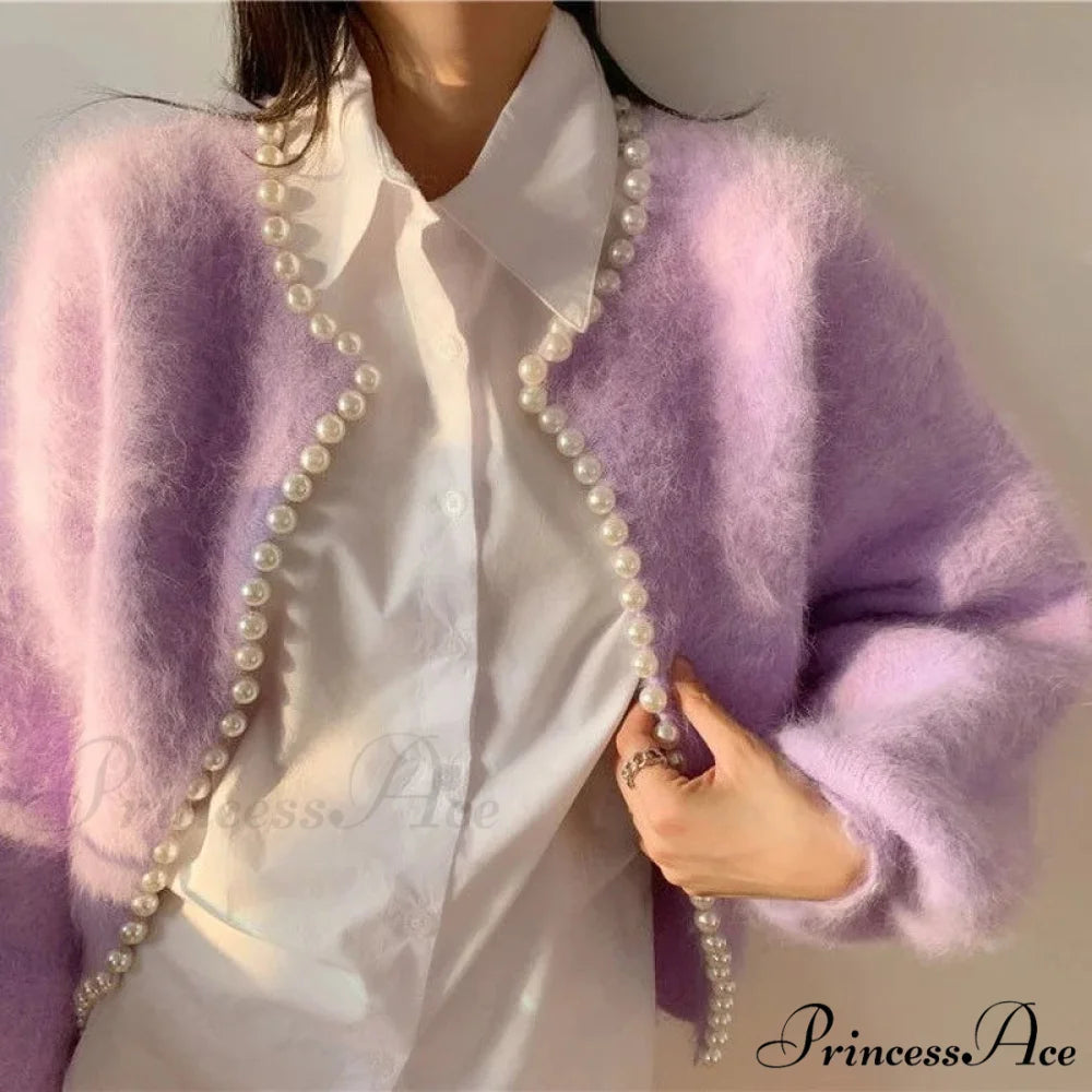 Mink Fleece Lantern Sleeve Cardigan Light Purple / One Size