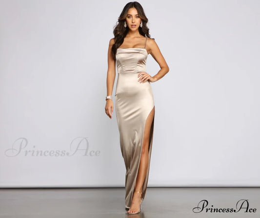Mirabel Formal Satin Charming High Slit Dress GOLD / XS