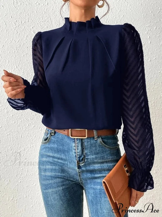 Mock Flounce Blouse Sheer with Arm Neck Navy / S
