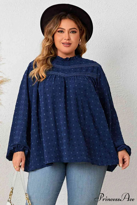 Mock Size Blouse Plus Neck Balloon for Arm Women Navy / 1XL