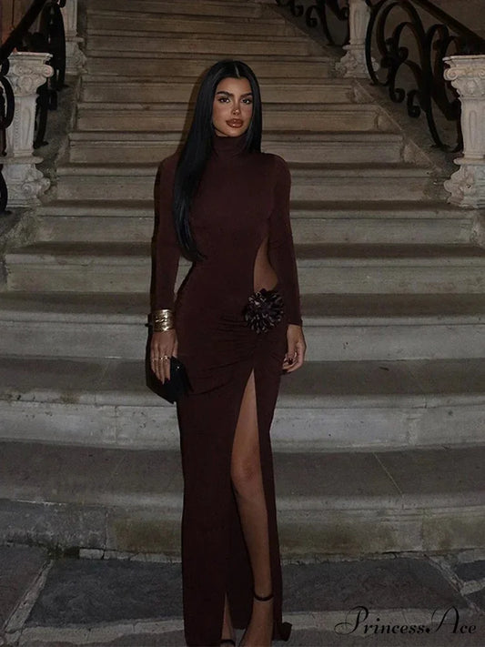 Mock Turtleneck Solid Long Sleeve Party Dress wine red / S