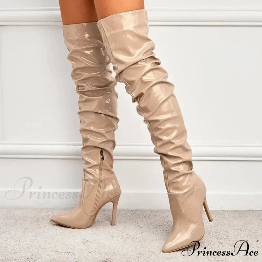 Modern Patent Leather Over-the-knee Boots with Elastic Detail apricot / 35