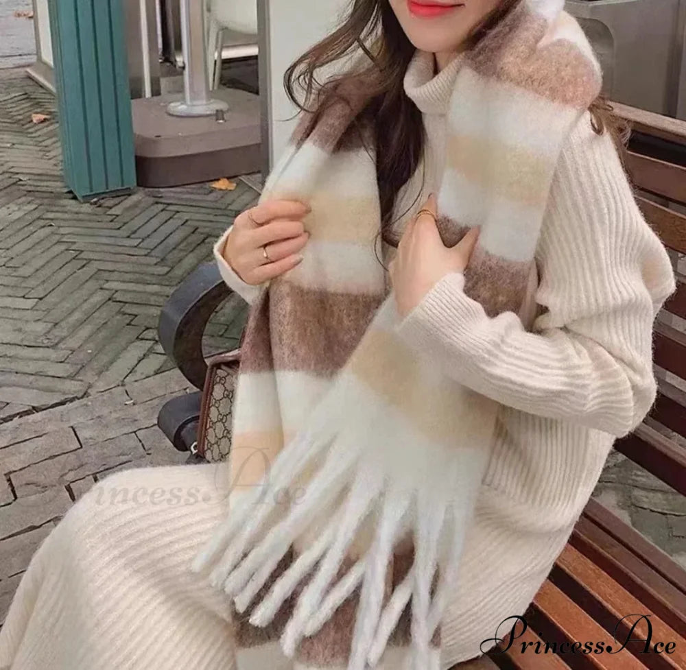 Mohair Winter Scarf - Solid Color Thickened Wool Fringed A style coffee color