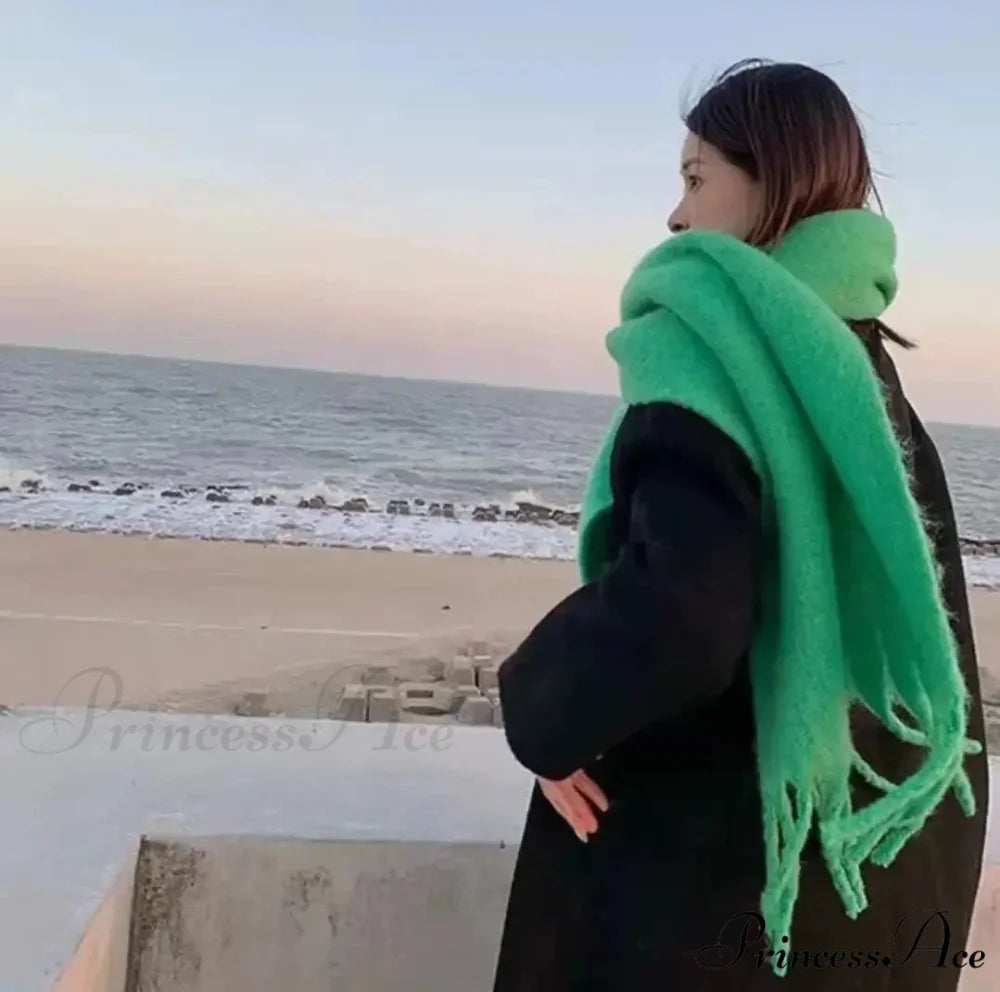 Mohair Winter Scarf - Solid Color Thickened Wool Fringed Solid color green