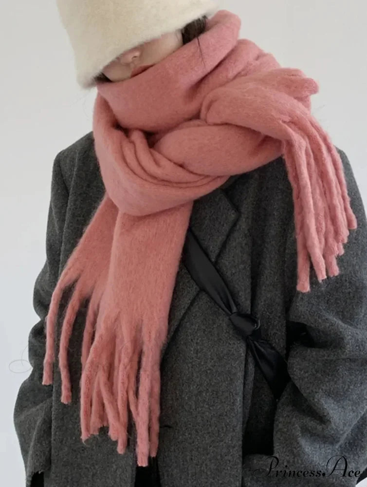 Mohair Winter Scarf - Solid Color Thickened Wool Fringed Watermelon Red