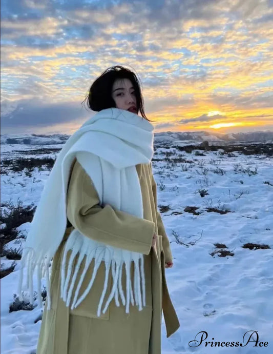 Mohair Winter Scarf - Solid Color Thickened Wool Fringed Solid color white