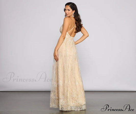 Mona Formal Stylish Plunging Glitter Dress