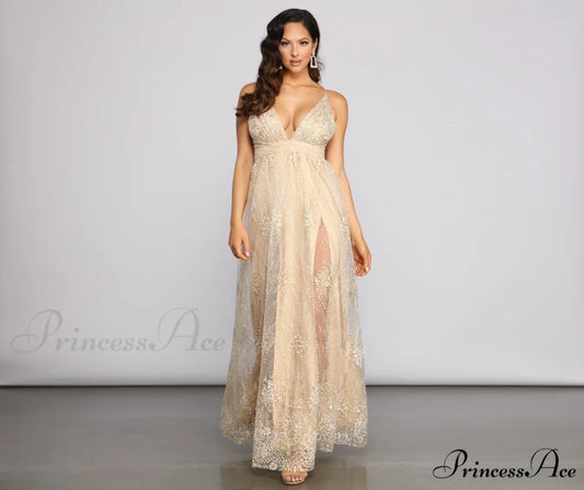 Mona Formal Stylish Plunging Glitter Dress GOLD / S