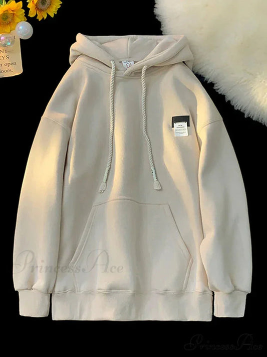 Monochromatic Embroidered Generous Fleece Hoodie Beige / M(40-45KG) hoodies-241228