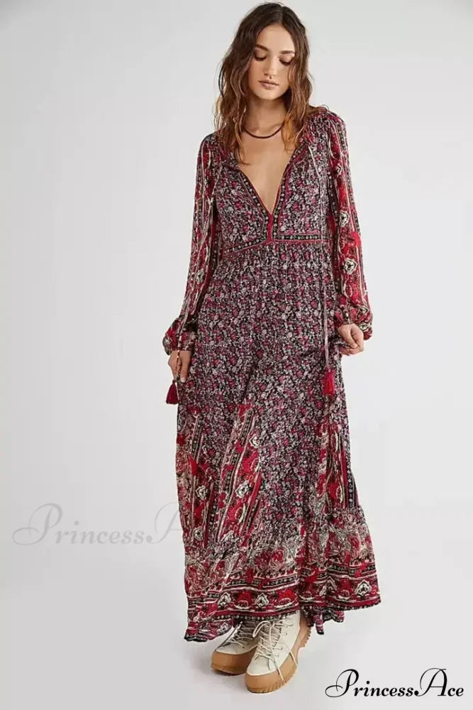 Monochromatic Hue V-neck Flounce Sleeve Summer Boho Dress Black / S bohodress-250126