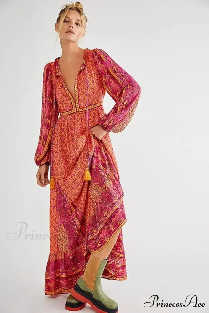 Monochromatic Hue V-neck Flounce Sleeve Summer Boho Dress bohodress-250126