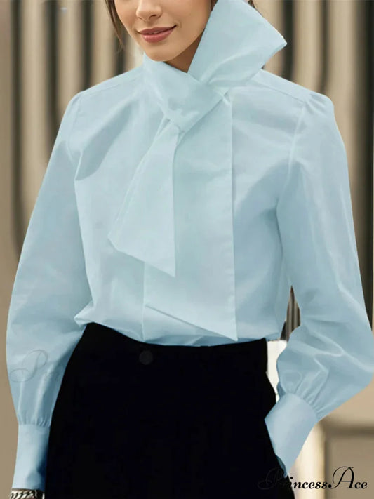 Monochromatic Necktie Bow Collar Extended Sleeve Blouse Blue / S blouse-250126