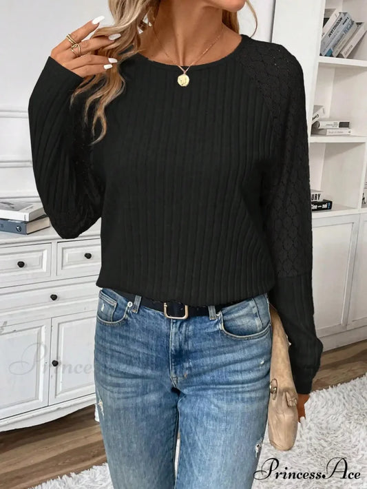Monochromatic Style Knitted Extended Sleeve Top Women BLACK / XS knittop-250126