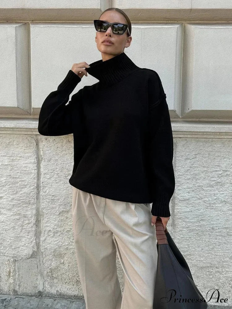 Monochromatic Style Turtleneck Pullover Black / S swraters-241228