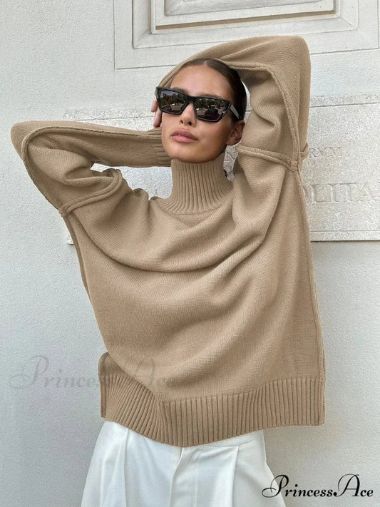 Monochromatic Style Turtleneck Pullover swraters-241228