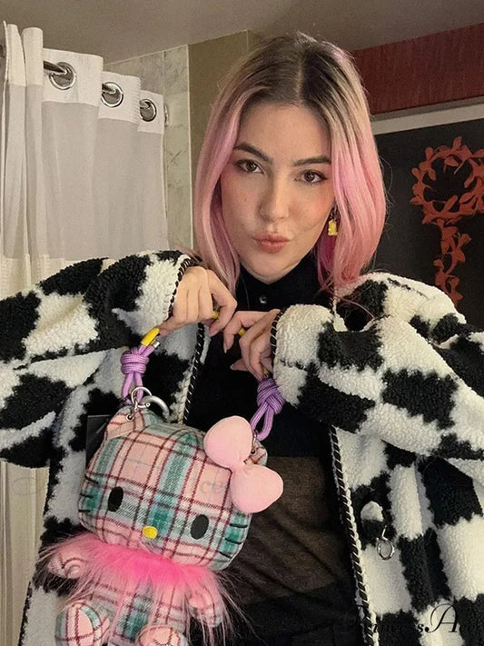 Monochrome Checkered Cotton Jacket coats-241228