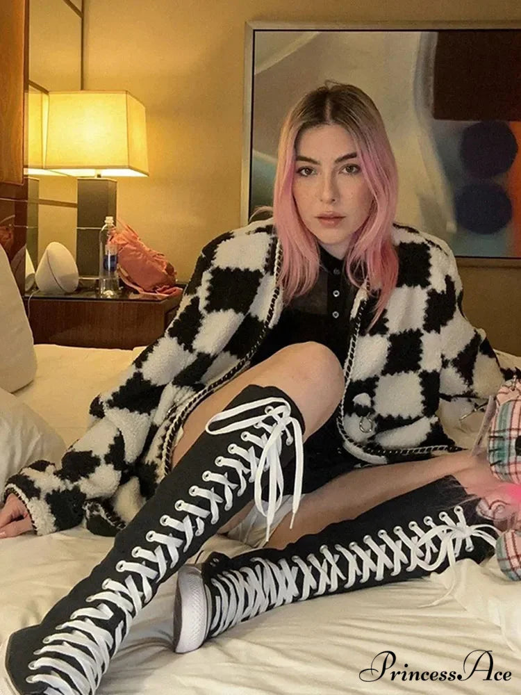 Monochrome Checkered Cotton Jacket coats-241228