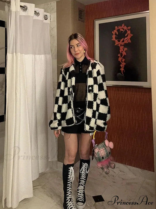 Monochrome Checkered Cotton Jacket Plaid / S coats-241228