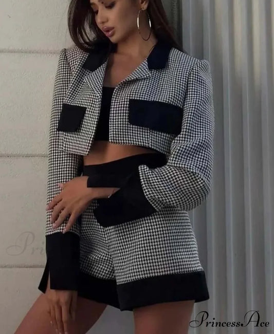 Monochrome Patchwork Crop Shorts Workplace Two Piece Set black white / S officetwopieceset-250223
