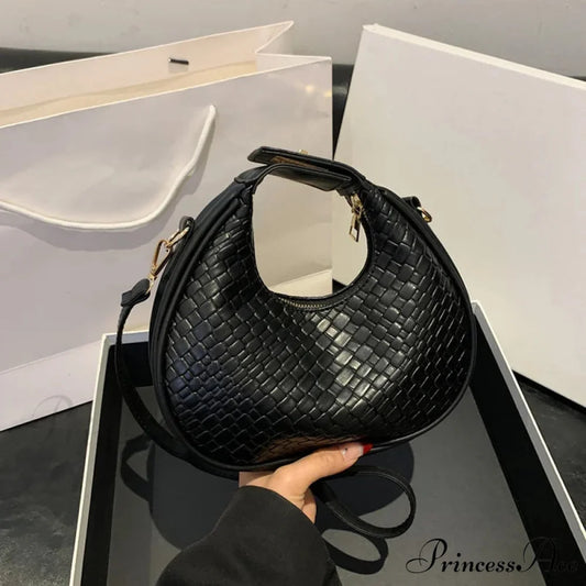 Monochrome PU Leather Grid Crossbody Handbag Black handbag-250126